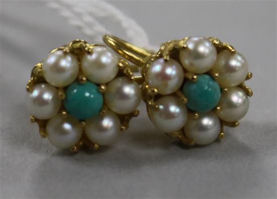 A pair of 9ct gold, cultured pearl and turquoise set cluster ear clips.
